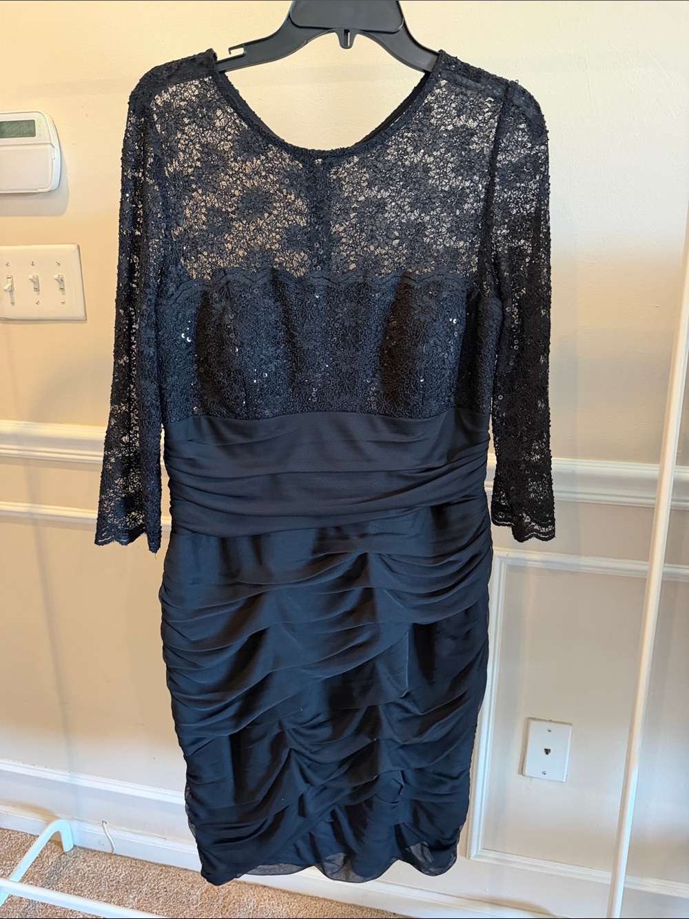Alex Evenings Black Lace Sequin Ruched Cocktail Dress